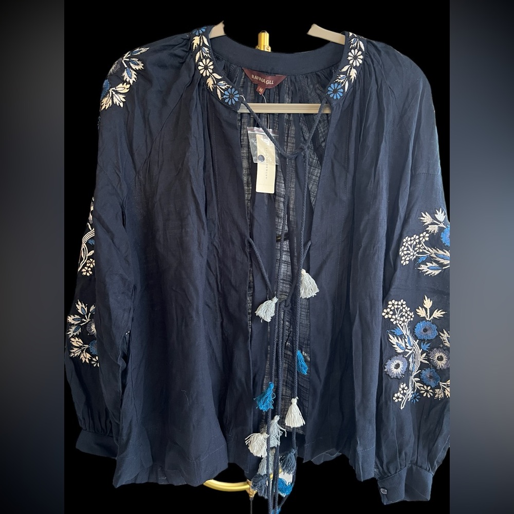 Boho Navy and White Embroidered Anthropologie Jacket